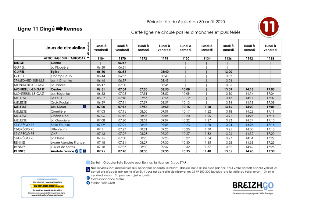 Ligne 11 Dingé Rennes Cette Ligne Ne Circule Pas Les Dimanches Et Jours Fériés