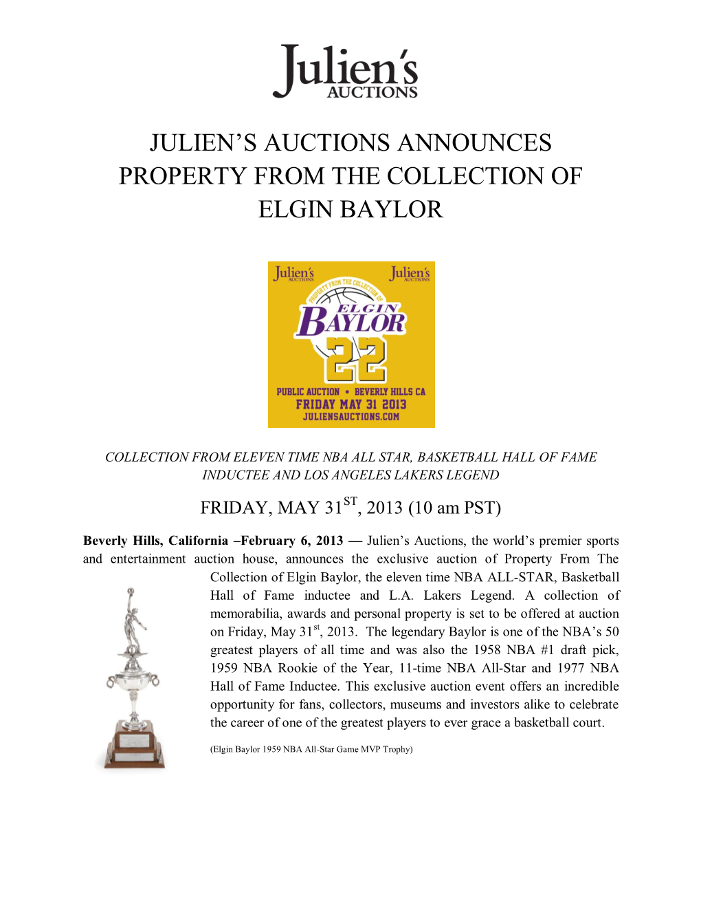 Elgin Baylor Press Release