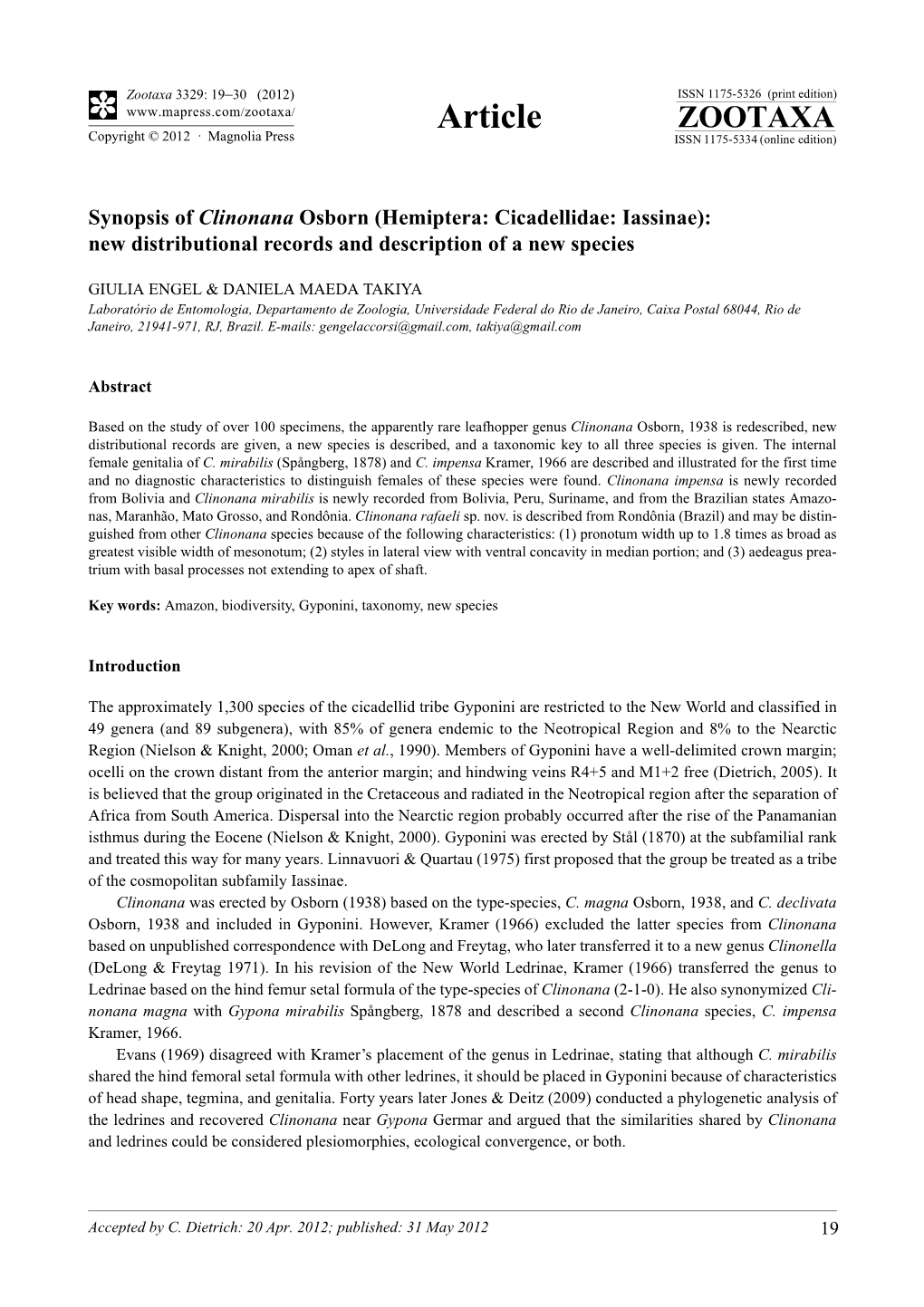 Synopsis of Clinonana Osborn (Hemiptera: Cicadellidae: Iassinae): New Distributional Records and Description of a New Species