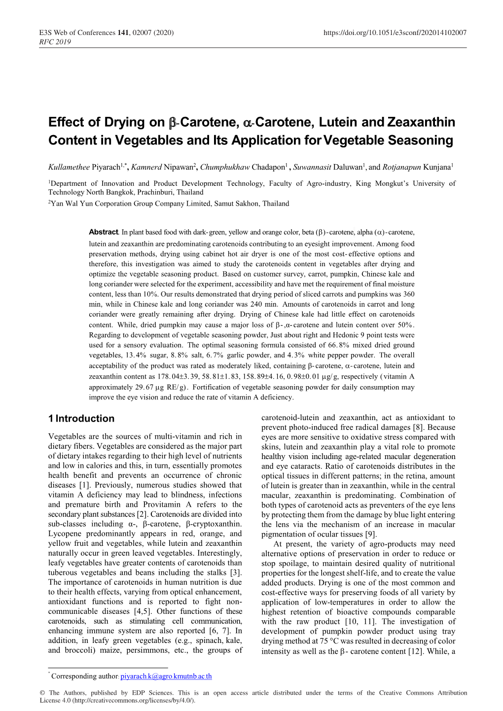 Effect of Drying on Β-Carotene, Α Carotene, Lutein and Zeaxanthin