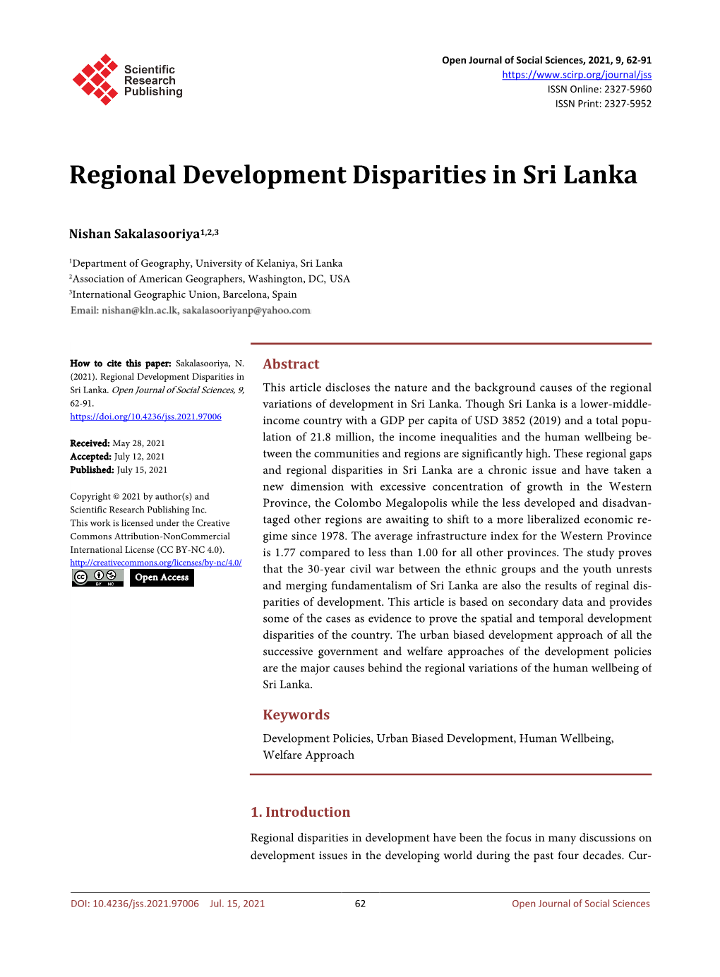 Regional Development Disparities in Sri Lanka