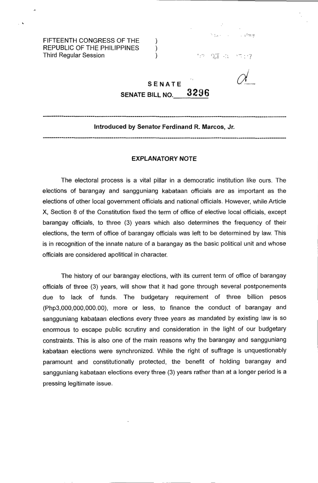 FIFTEENTH CONGRESS of the REPUBLIC of the PHILIPPINES Third Regular Session ) ) ) the Electoral Process Is a Vital Pillar In