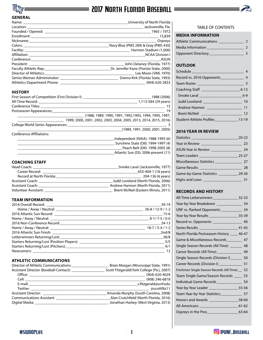 2017 North Florida Baseball GENERAL Name:______University of North Florida Location:______Jacksonville, Fla