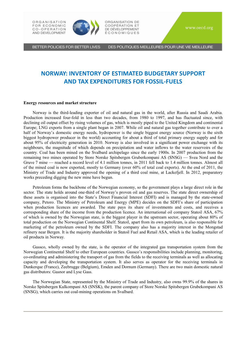 Norway: Inventory of Estimated Budgetary Support and Tax Expenditures for Fossil-Fuels