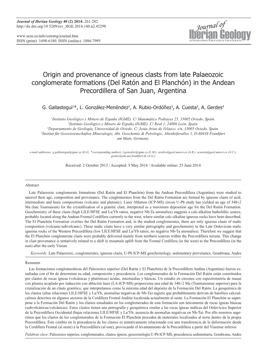 Origin and Provenance of Igneous Clasts from Late Palaeozoic Conglomerate Formations (Del Ratón and El Planchón) in the Andean Precordillera of San Juan, Argentina