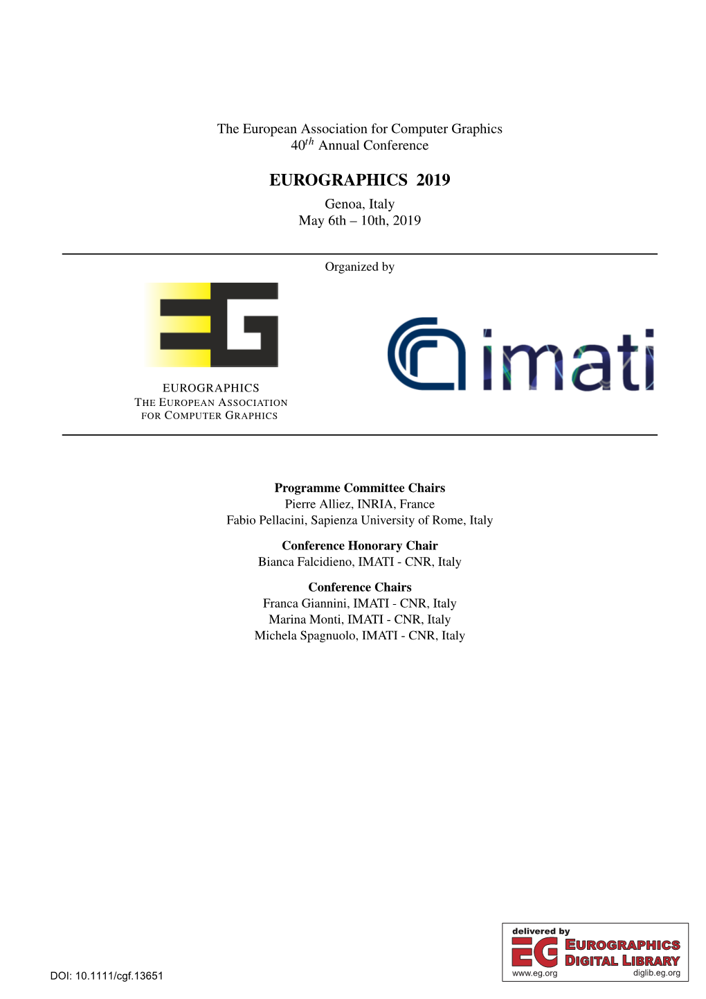 EUROGRAPHICS 2019 Genoa, Italy May 6Th – 10Th, 2019