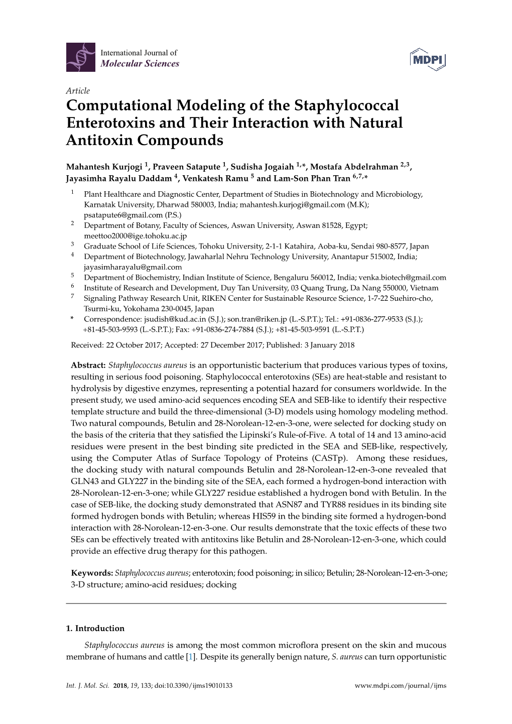 Computational Modeling of the Staphylococcal Enterotoxins and Their Interaction with Natural Antitoxin Compounds