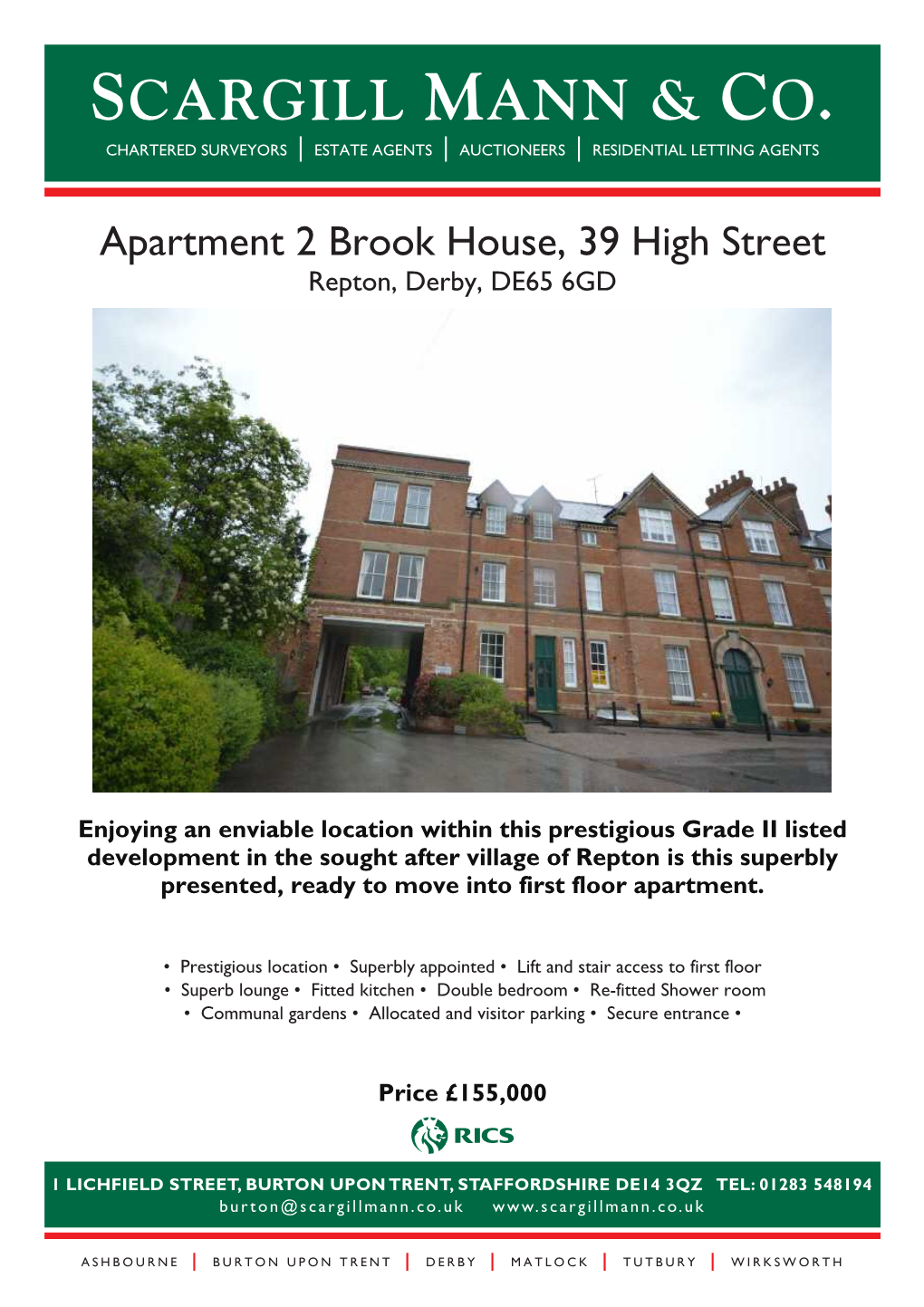 Apartment 2 Brook House, 39 High Street Repton, Derby, DE65 6GD