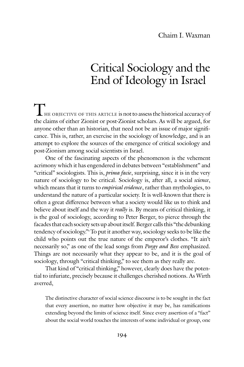 Critical Sociology and the End of Ideology in Israel