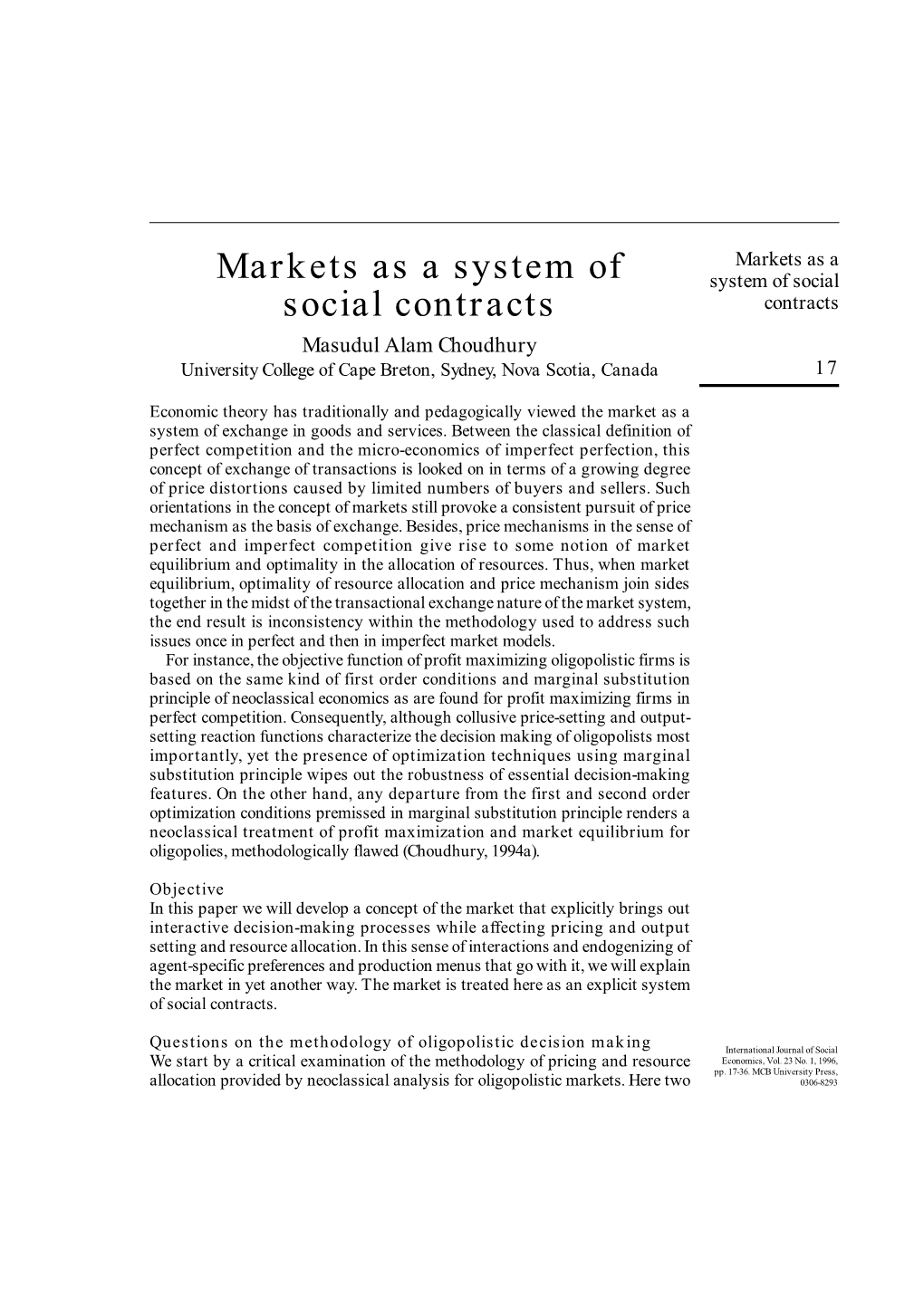 Markets As a System of Social Contracts (Choudhury, 1993)