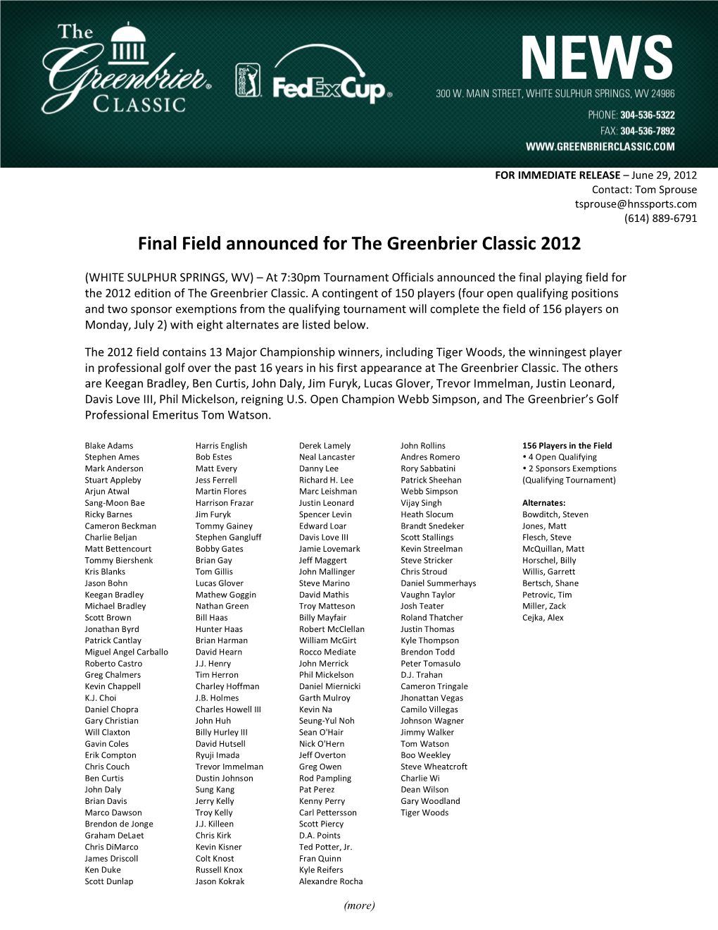 Final Field Announced for the Greenbrier Classic 2012