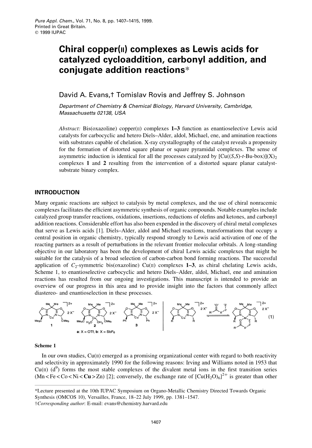 Chiral Copper(II) Complexes As Lewis Acids for Catalyzed Cycloaddition, Carbonyl Addition, and Conjugate Addition Reactions*