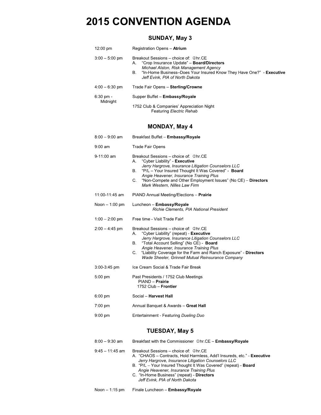 2015 Convention Agenda