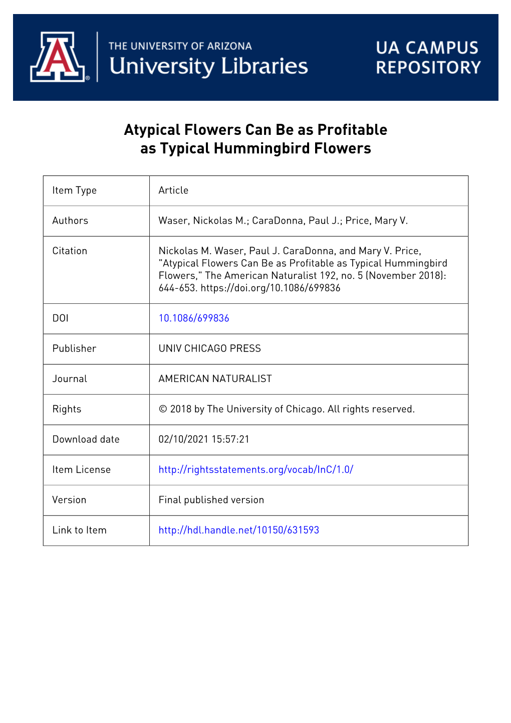 Atypical Flowers Can Be As Profitable As Typical Hummingbird Flowers