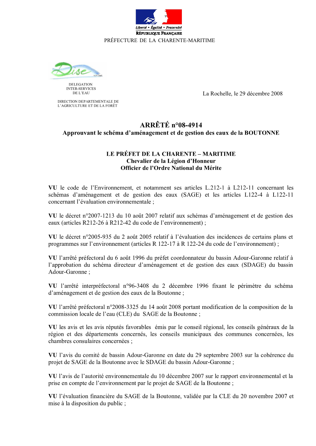 ARRÊTÉ N°08-4914 Approuvant Le Schéma D’Aménagement Et De Gestion Des Eaux De La BOUTONNE