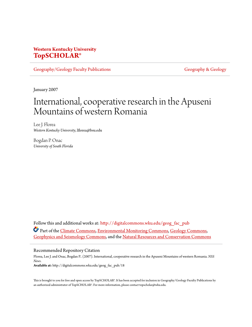 International, Cooperative Research in the Apuseni Mountains of Western Romania Lee J