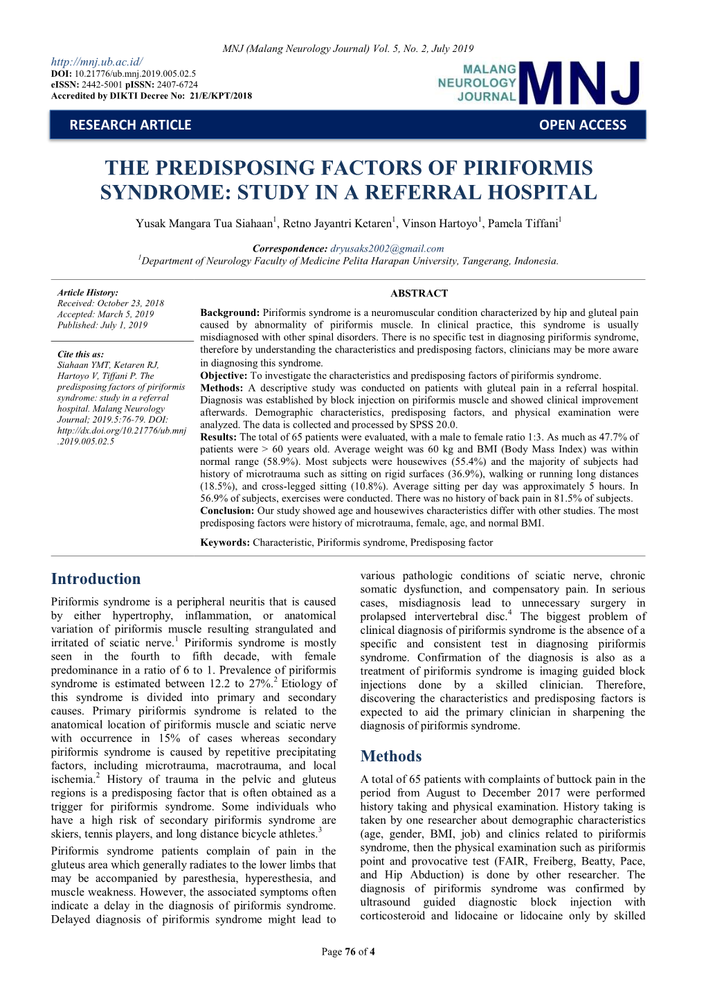 The Predisposing Factors of Piriformis Syndrome: Study in a Referral Hospital