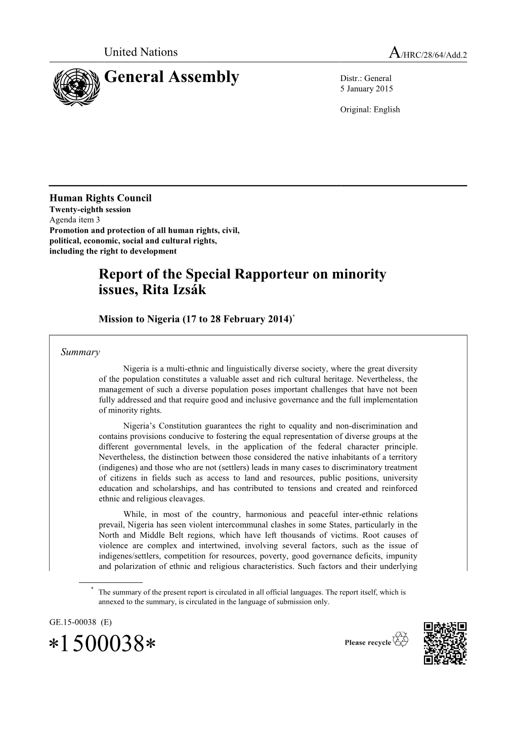 Report of the Special Rapporteur on Minority Issues, Mission to Nigeria in English