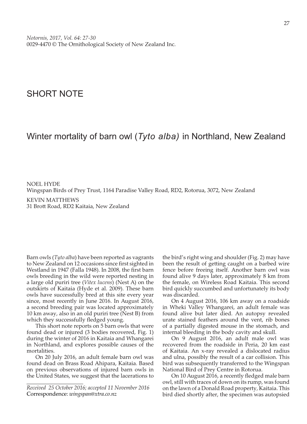 SHORT NOTE Winter Mortality of Barn
