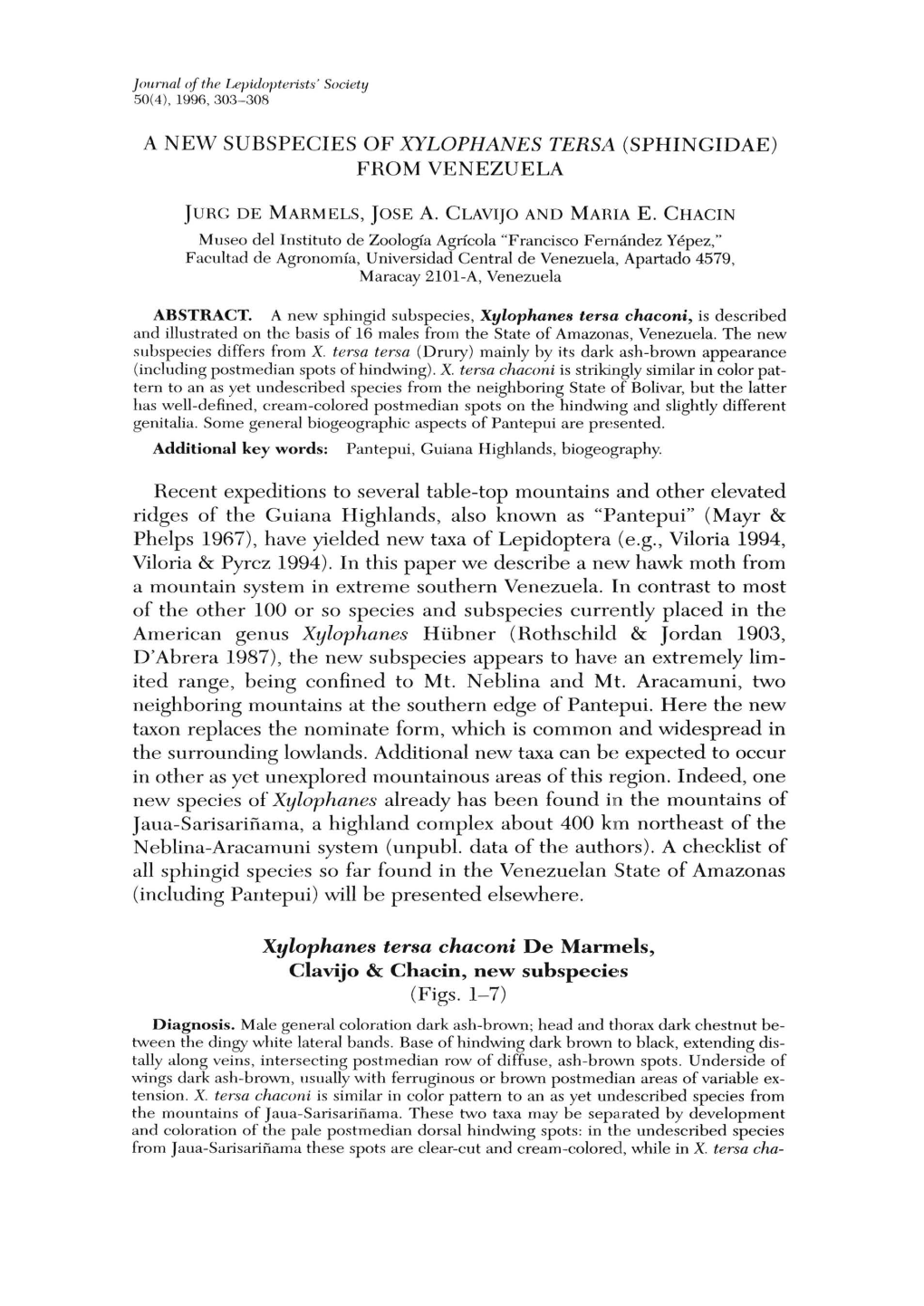Xylophanes Tersa Chaconi De Marmels, Clavijo & Chacin, New Subspecie,S (Figs