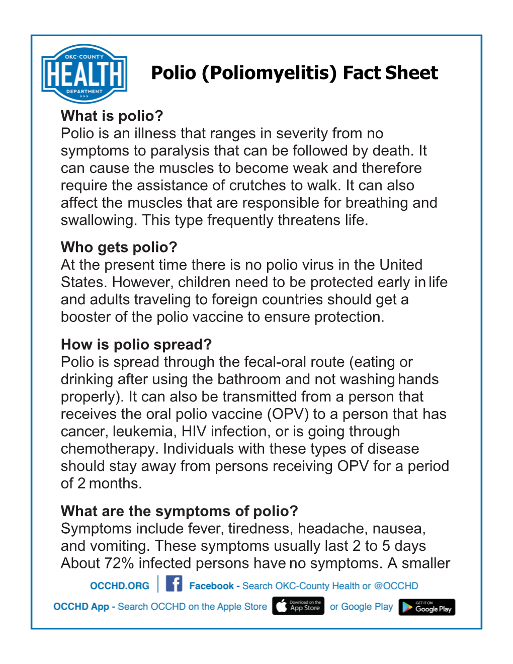 Polio (Poliomyelitis) Fact Sheet