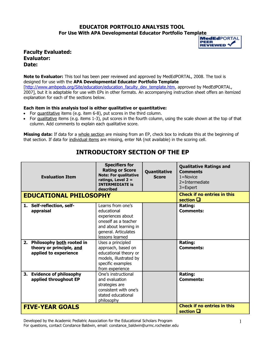 Educator Portfolio: Qualitative Evaluation Sheet