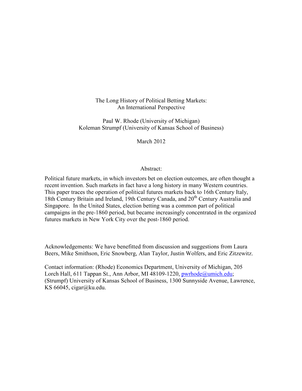 The Long History of Political Betting Markets: an International Perspective