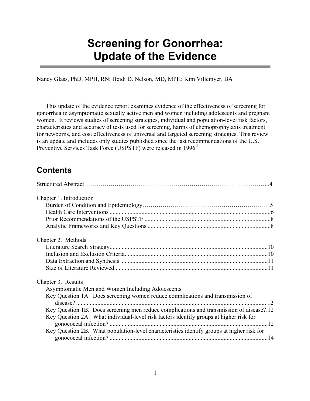 Screening for Gonorrhea: Update of the Evidence