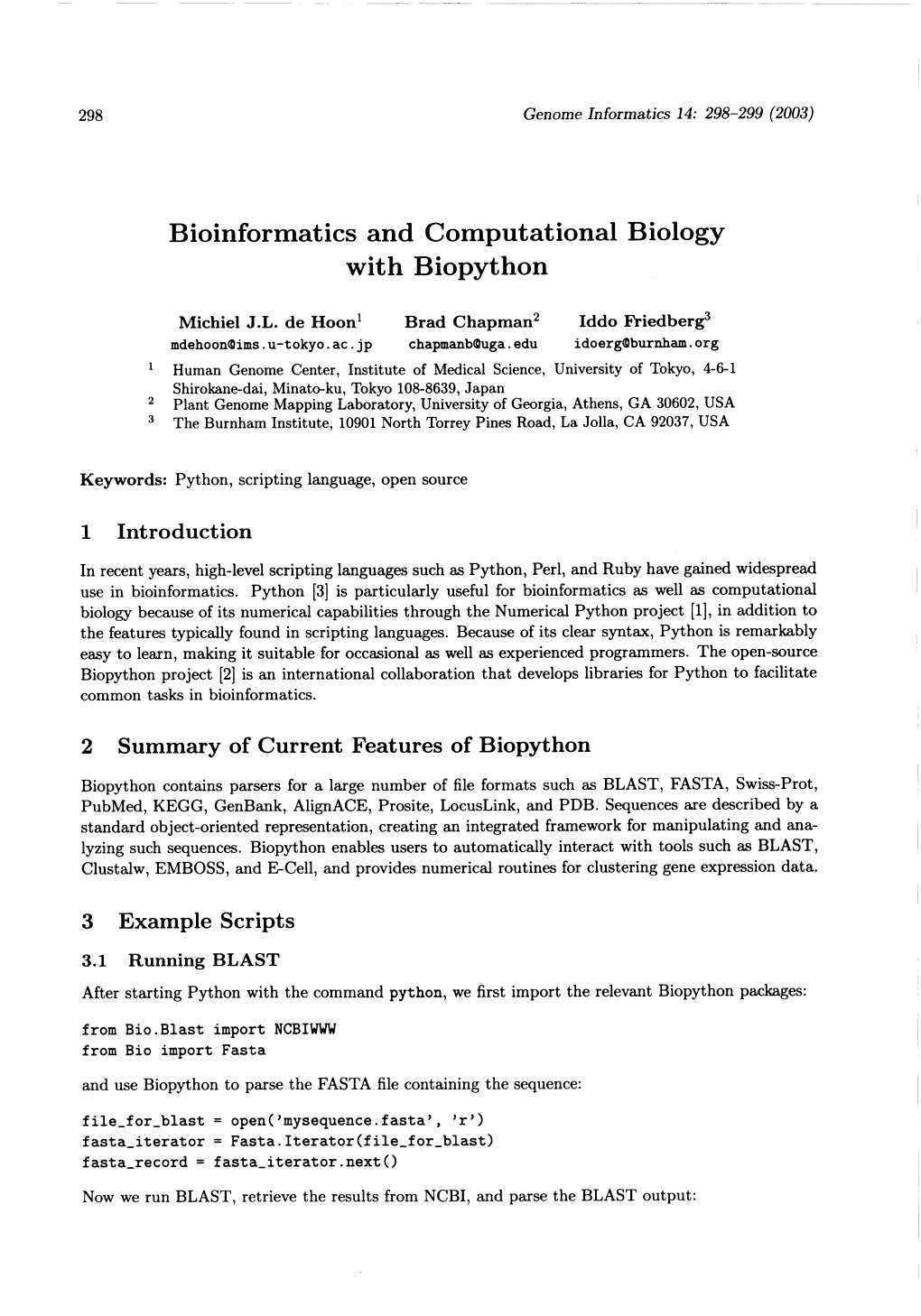 Bioinformatics and Computational Biology with Biopython