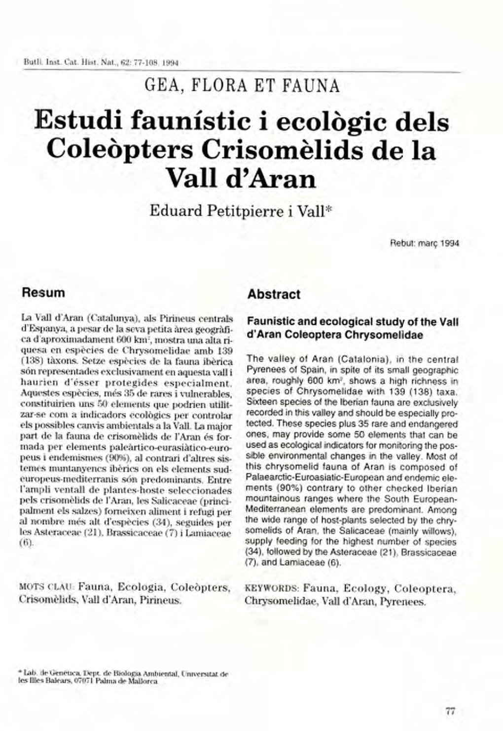 Estudi Faunístic I Ecològic Dels Coleòpters Crisomèlids De La Vall D
