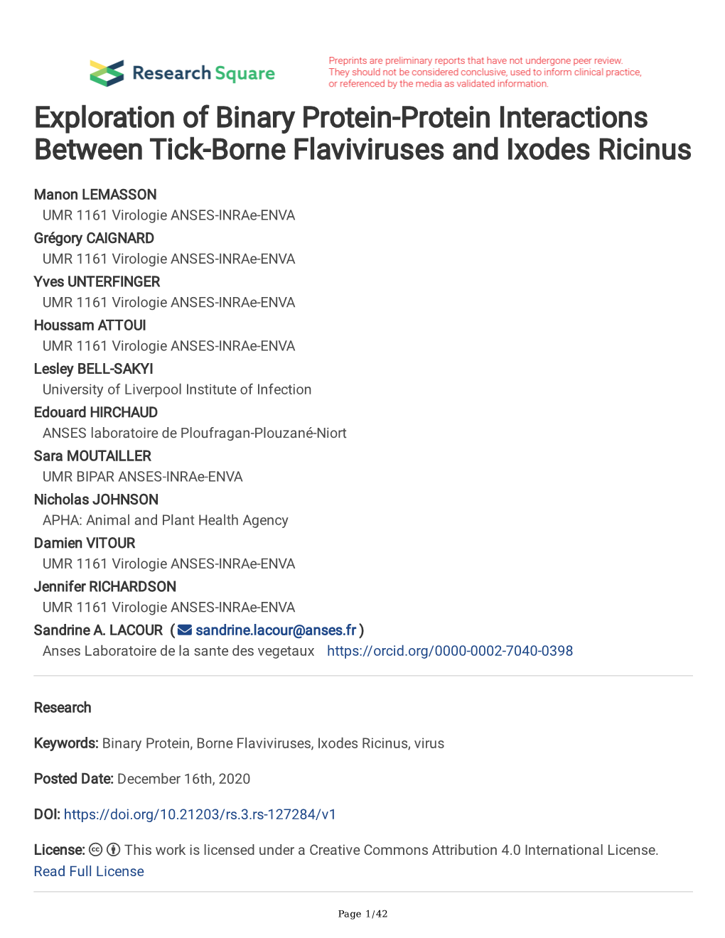 Exploration of Binary Protein-Protein Interactions Between Tick-Borne Flaviviruses and Ixodes Ricinus