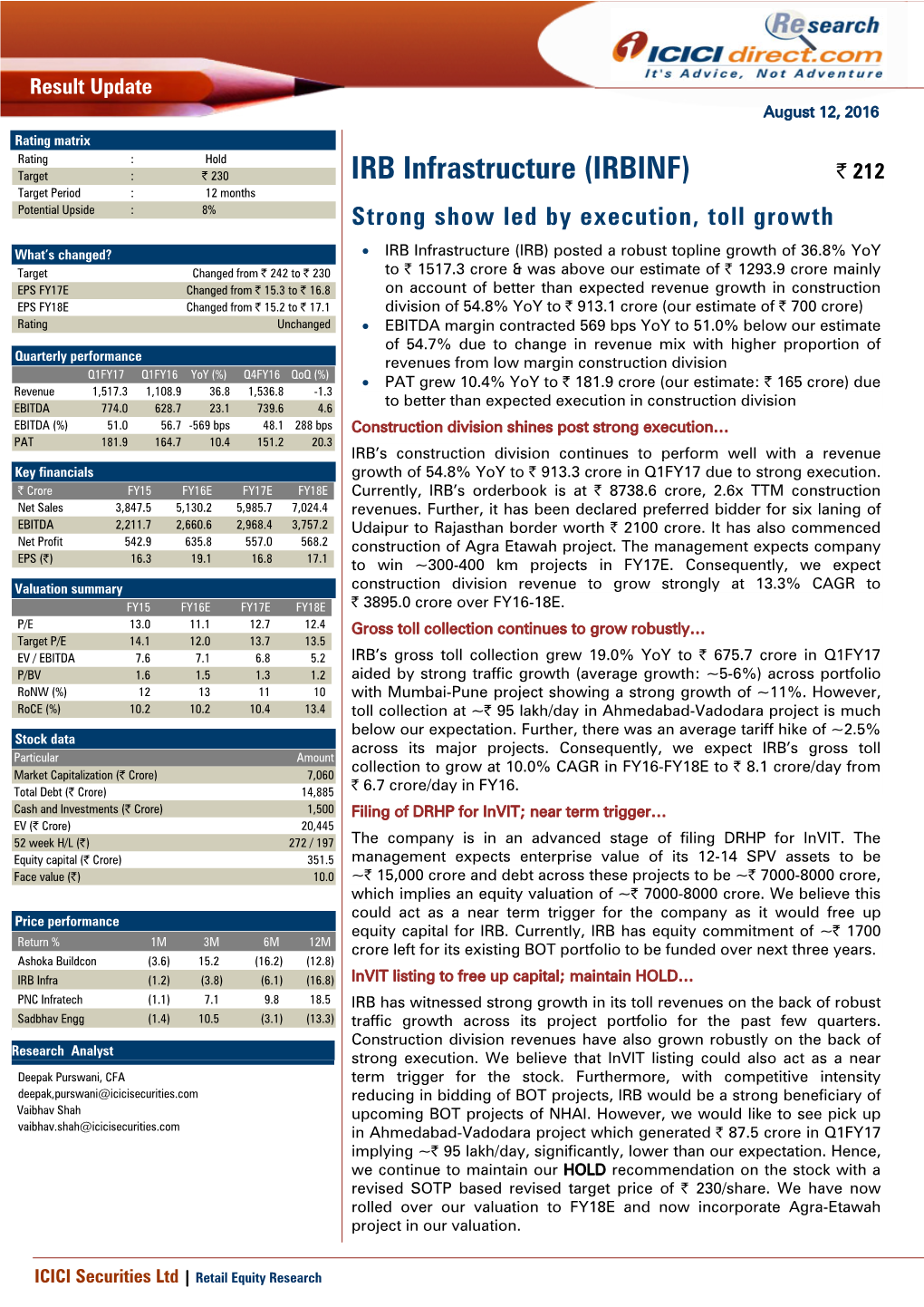 IRB Infrastructure (IRBINF) | 212 Target Period : 12 Months Potential Upside : 8% Strong Show Led by Execution, Toll Growth