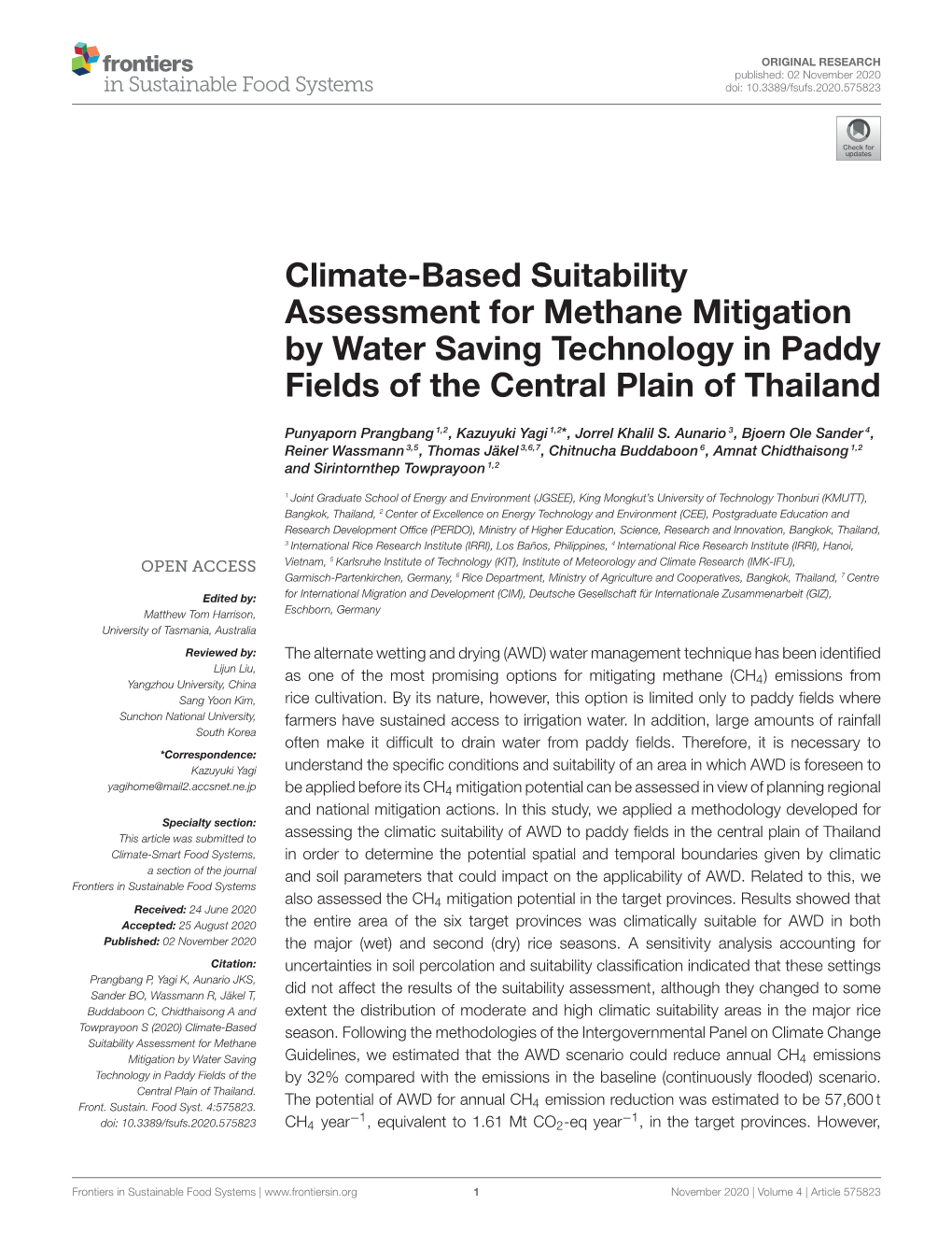 Climate-Based Suitability Assessment for Methane Mitigation by Water Saving Technology in Paddy Fields of the Central Plain of Thailand