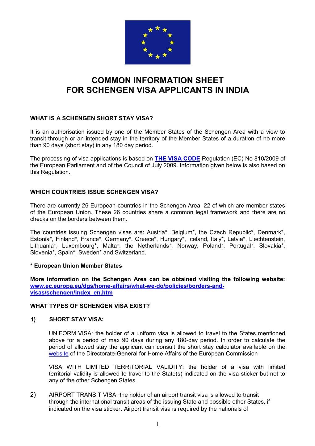 Common Information Sheet for Schengen Visa Applicants in India