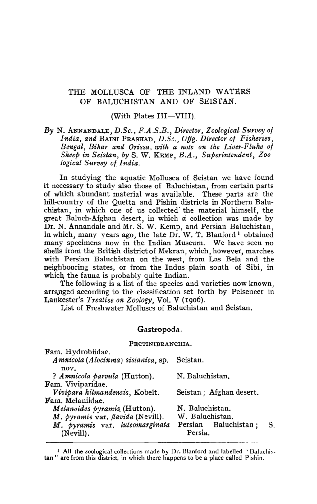 THE MOLLUSCA of the INLAND WATERS of BALUCHISTAN and of SEISTAN. Gastropoda