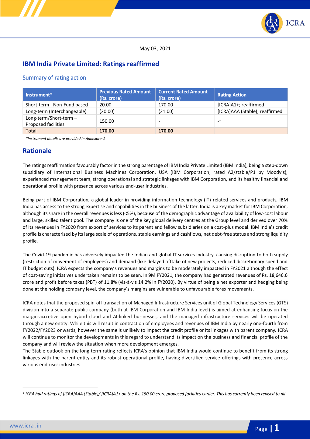 IBM India Private Limited: Ratings Reaffirmed Rationale