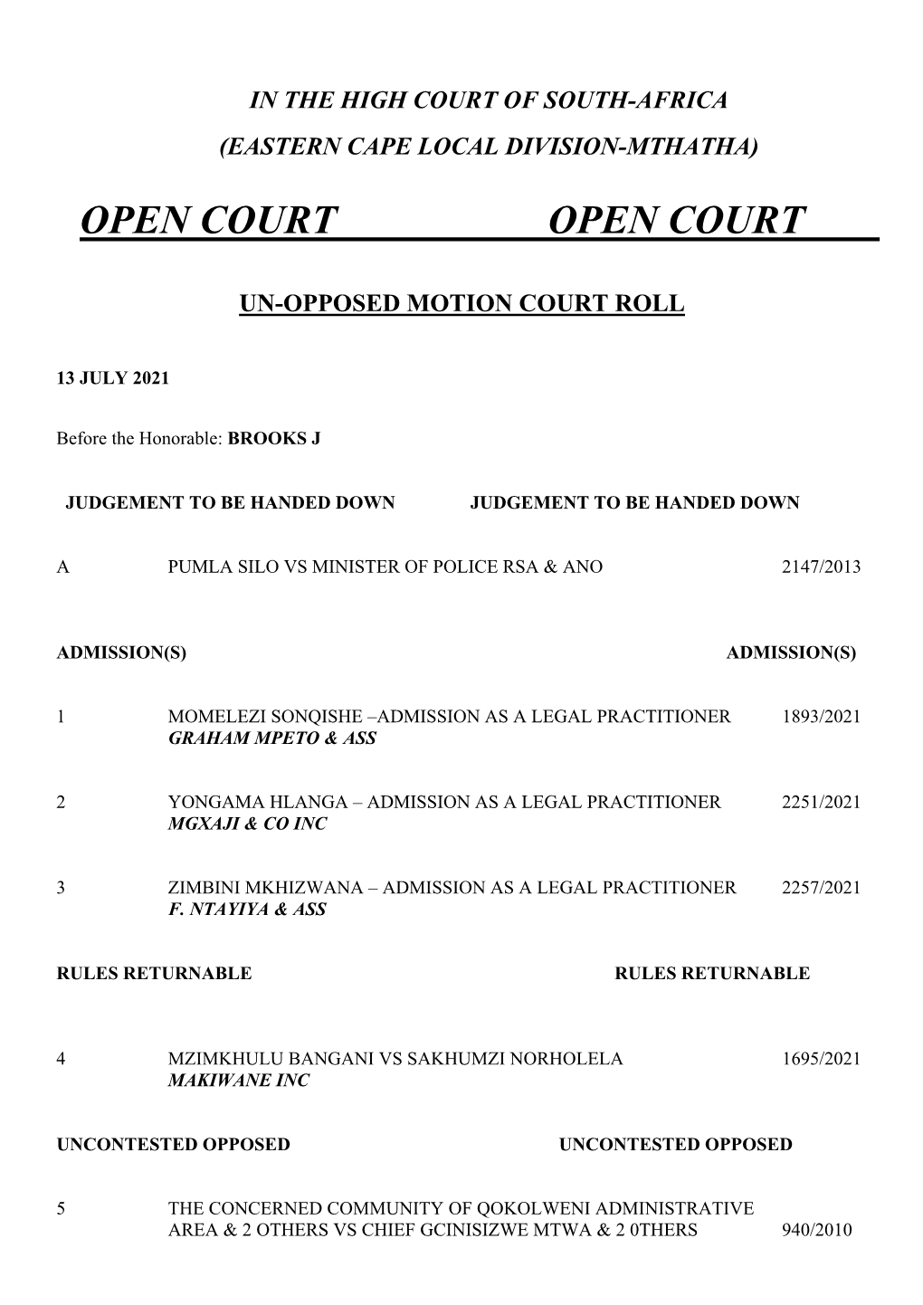 Eastern Cape High Court Roll (Mthatha) (13 July 2021)