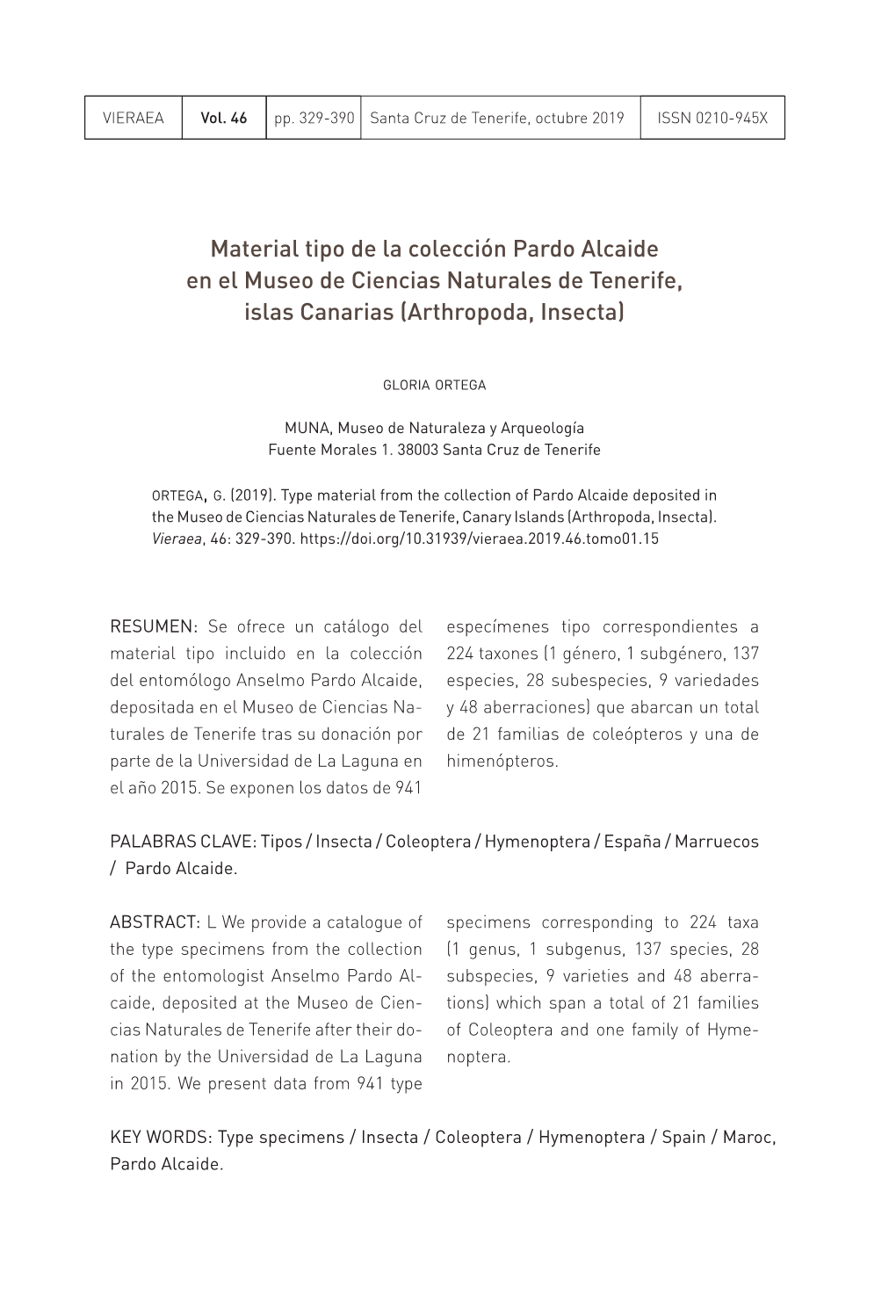 Material Tipo De La Colección Pardo Alcaide En El Museo De Ciencias Naturales De Tenerife, Islas Canarias (Arthropoda, Insecta)