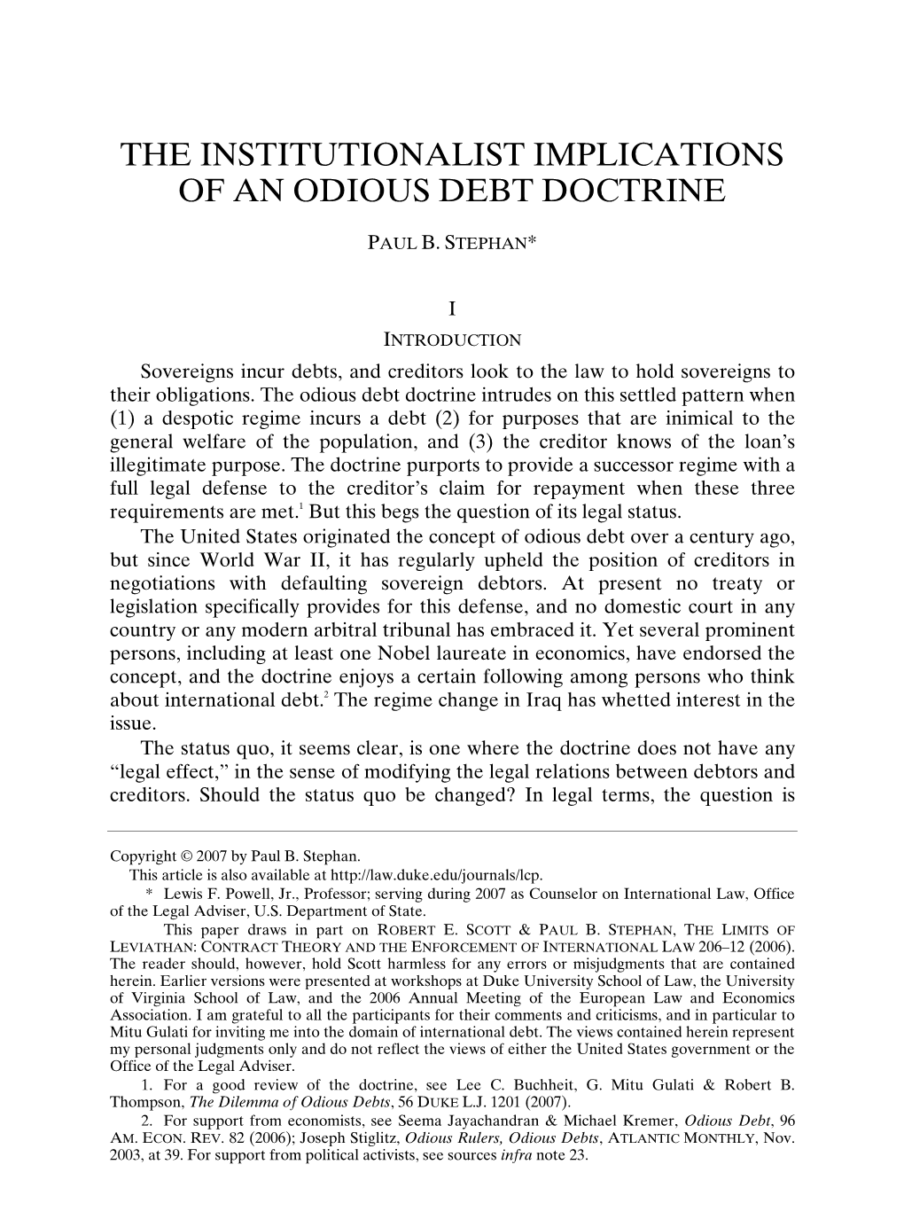 The Institutionalist Implications of an Odious Debt Doctrine