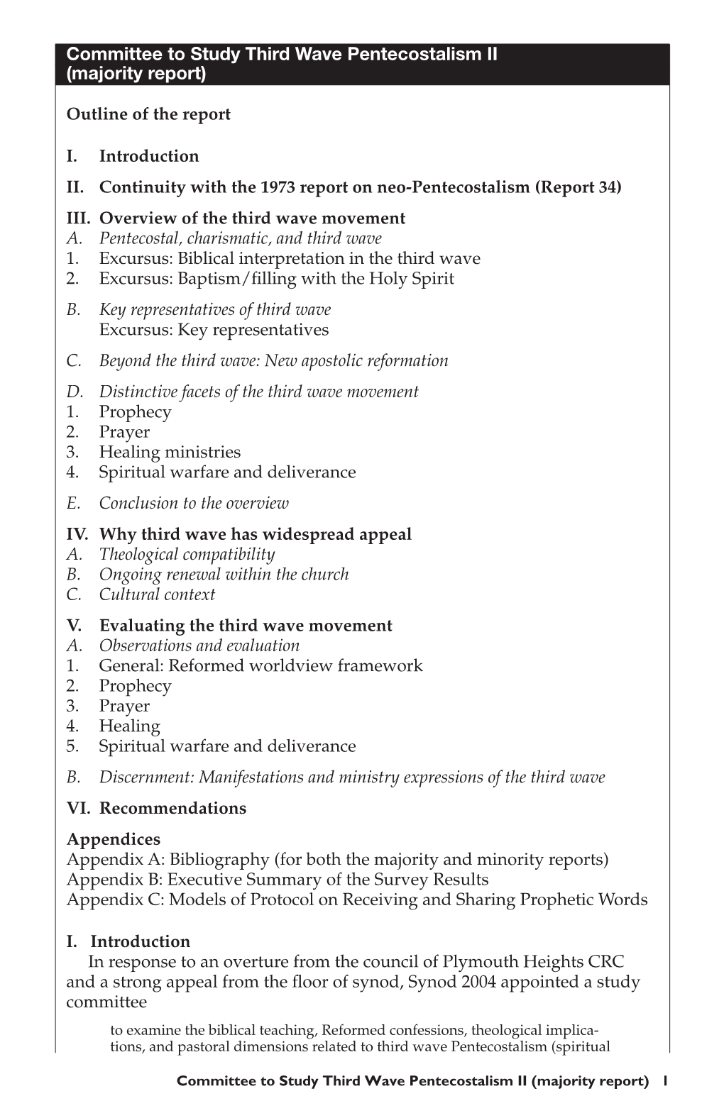 Committee to Study Third Wave Pentecostalism II (Majority Report)