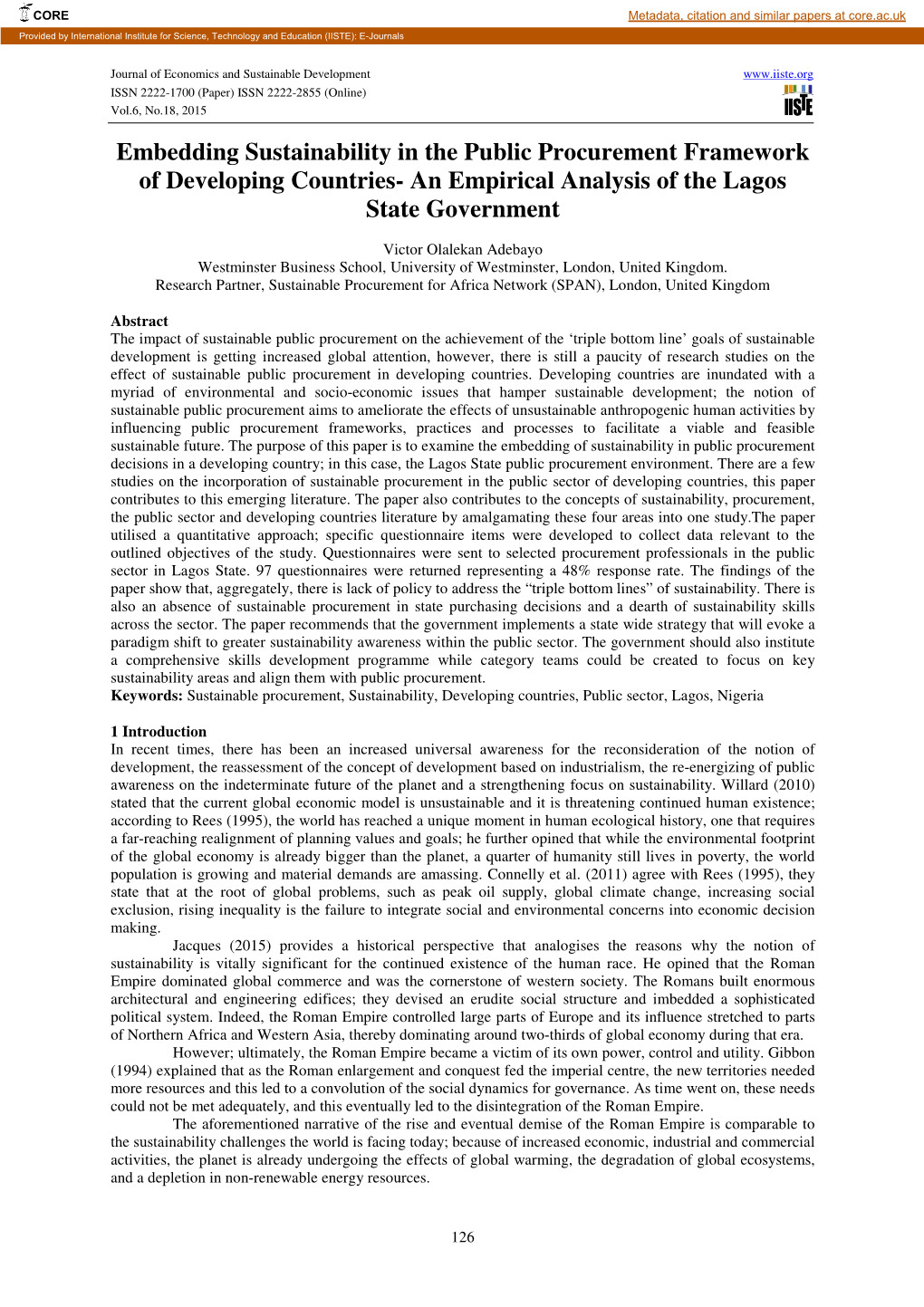 Embedding Sustainability in the Public Procurement Framework of Developing Countries- an Empirical Analysis of the Lagos State Government