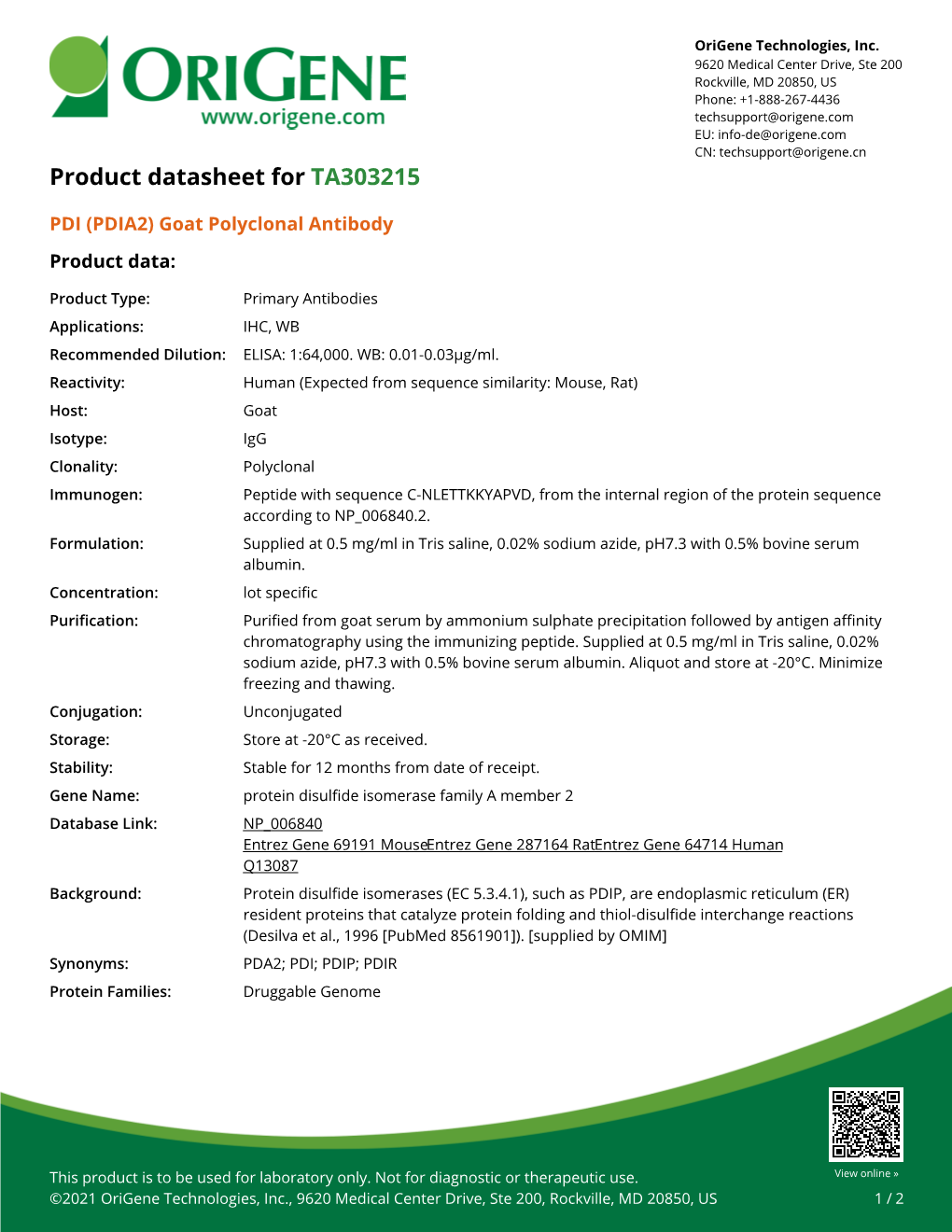 PDI (PDIA2) Goat Polyclonal Antibody – TA303215 | Origene