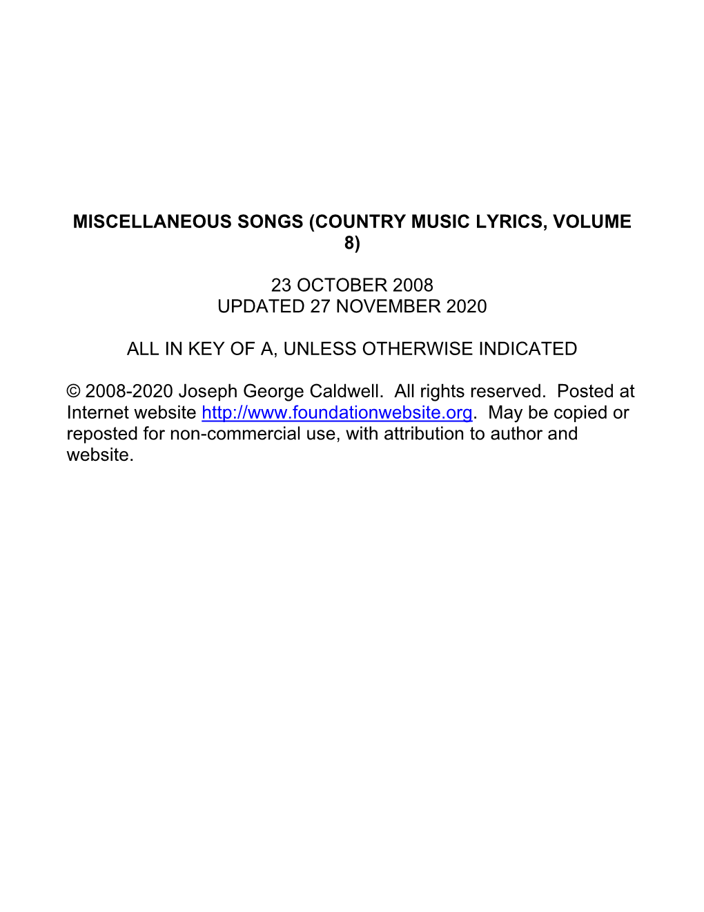 Miscellaneous Songs (Country Music Lyrics, Volume 8)