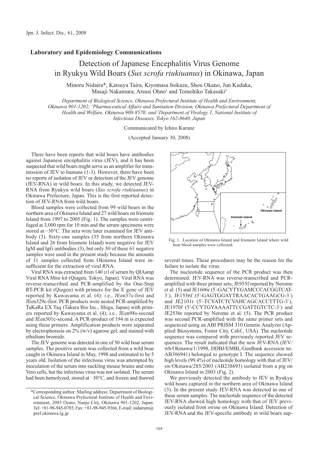 Detection of Japanese Encephalitis Virus Genome in Ryukyu Wild Boars