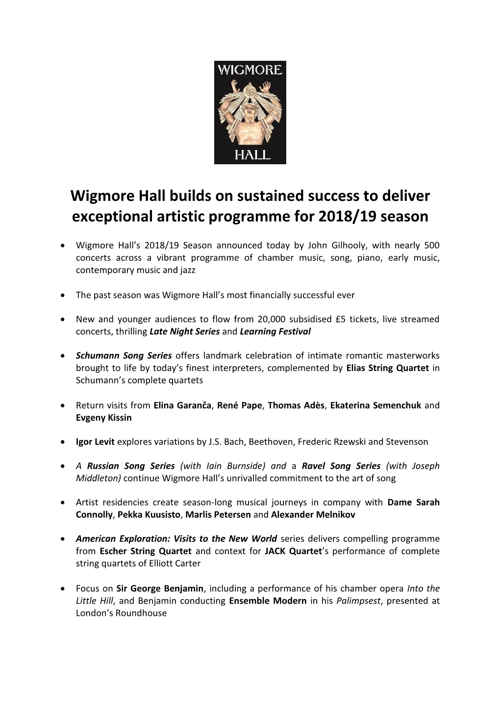 Wigmore Hall 2018/19 Season Preview Press Release