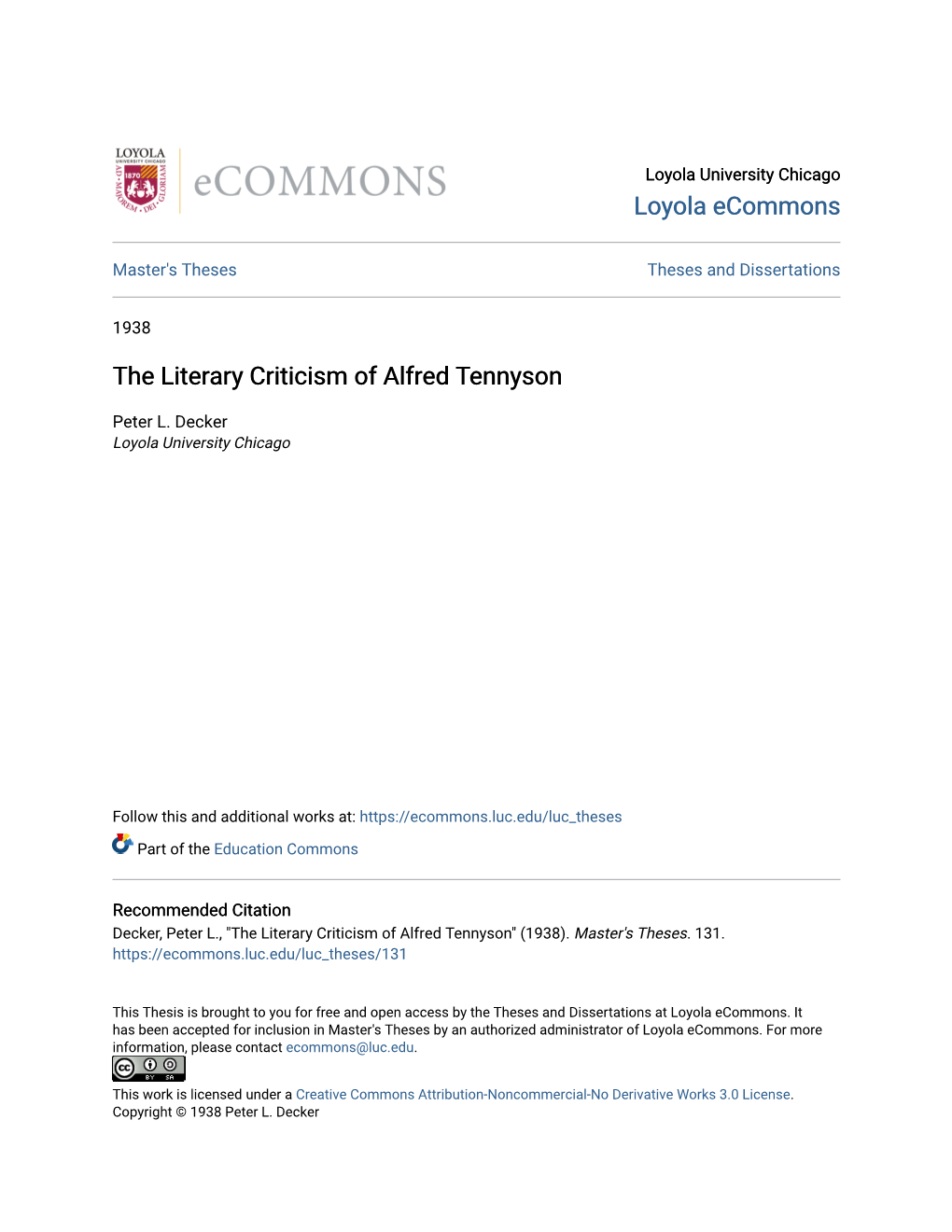 The Literary Criticism of Alfred Tennyson