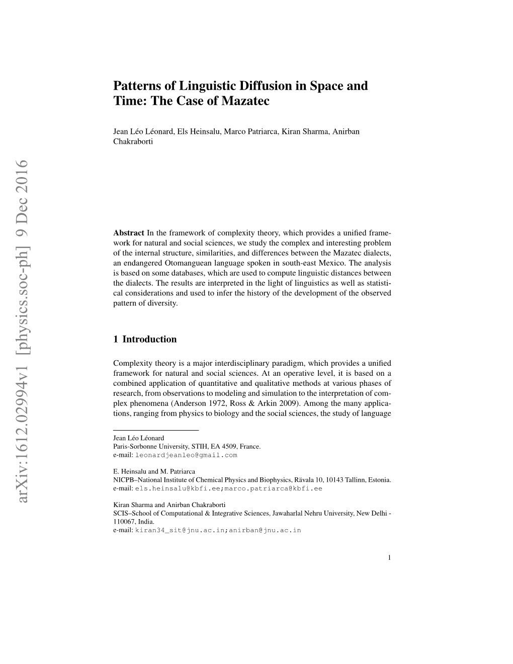 Patterns of Linguistic Diffusion in Space and Time: the Case of Mazatec