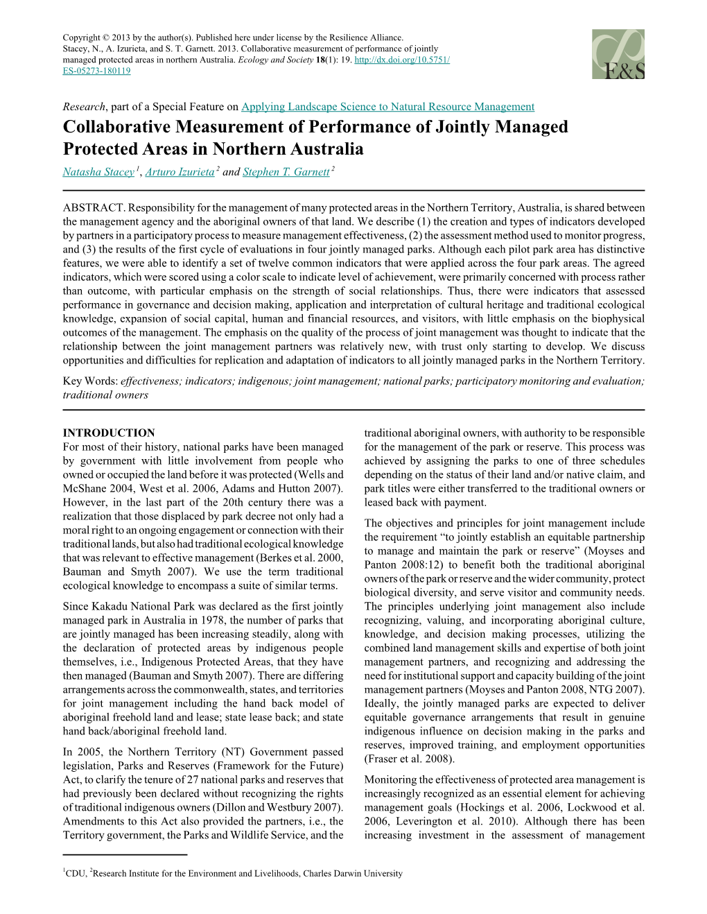 Collaborative Measurement of Performance of Jointly Managed Protected Areas in Northern Australia