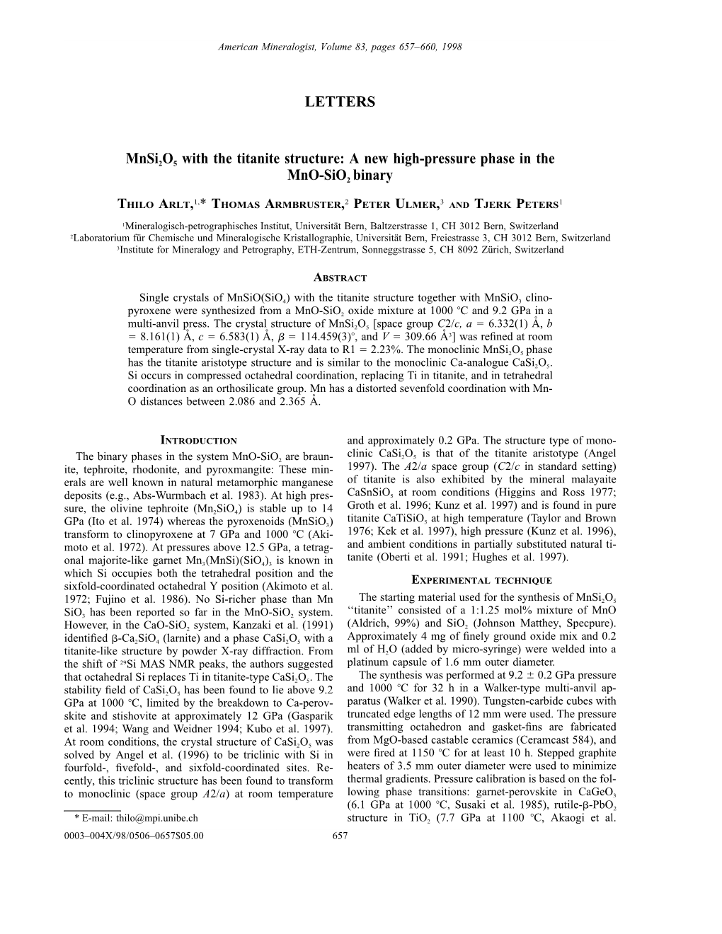 LETTERS Mnsi2o5 with the Titanite Structure: a New High-Pressure Phase in the Mno-Sio2 Binary