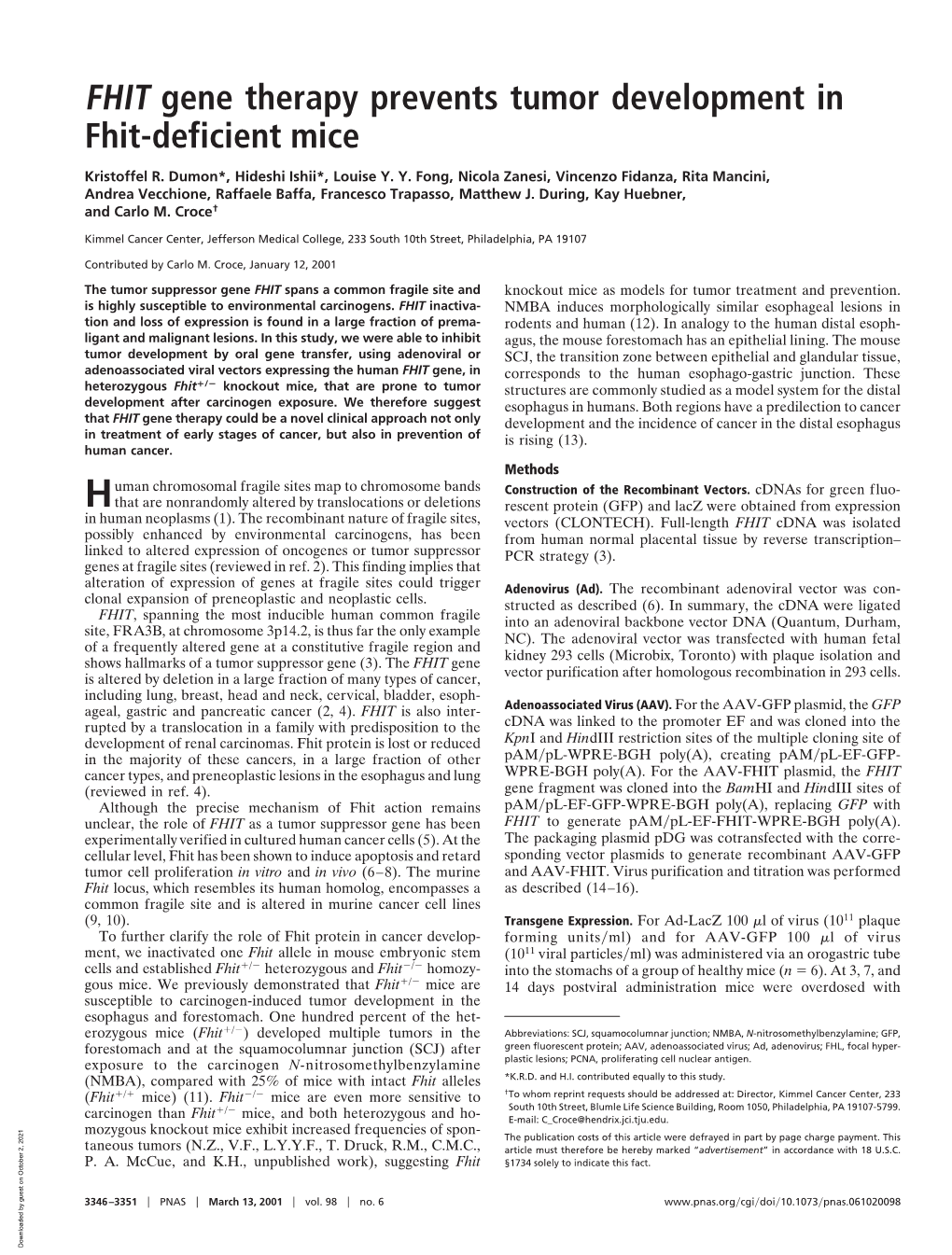 FHIT Gene Therapy Prevents Tumor Development in Fhit-Deficient Mice